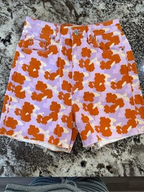 Zara Pink & Orange Floral Denim Shorts